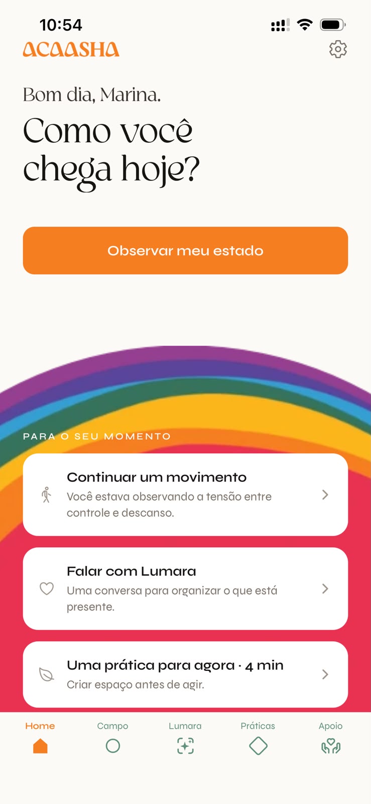 Tela inicial do Acaasha App com sugestões para o momento