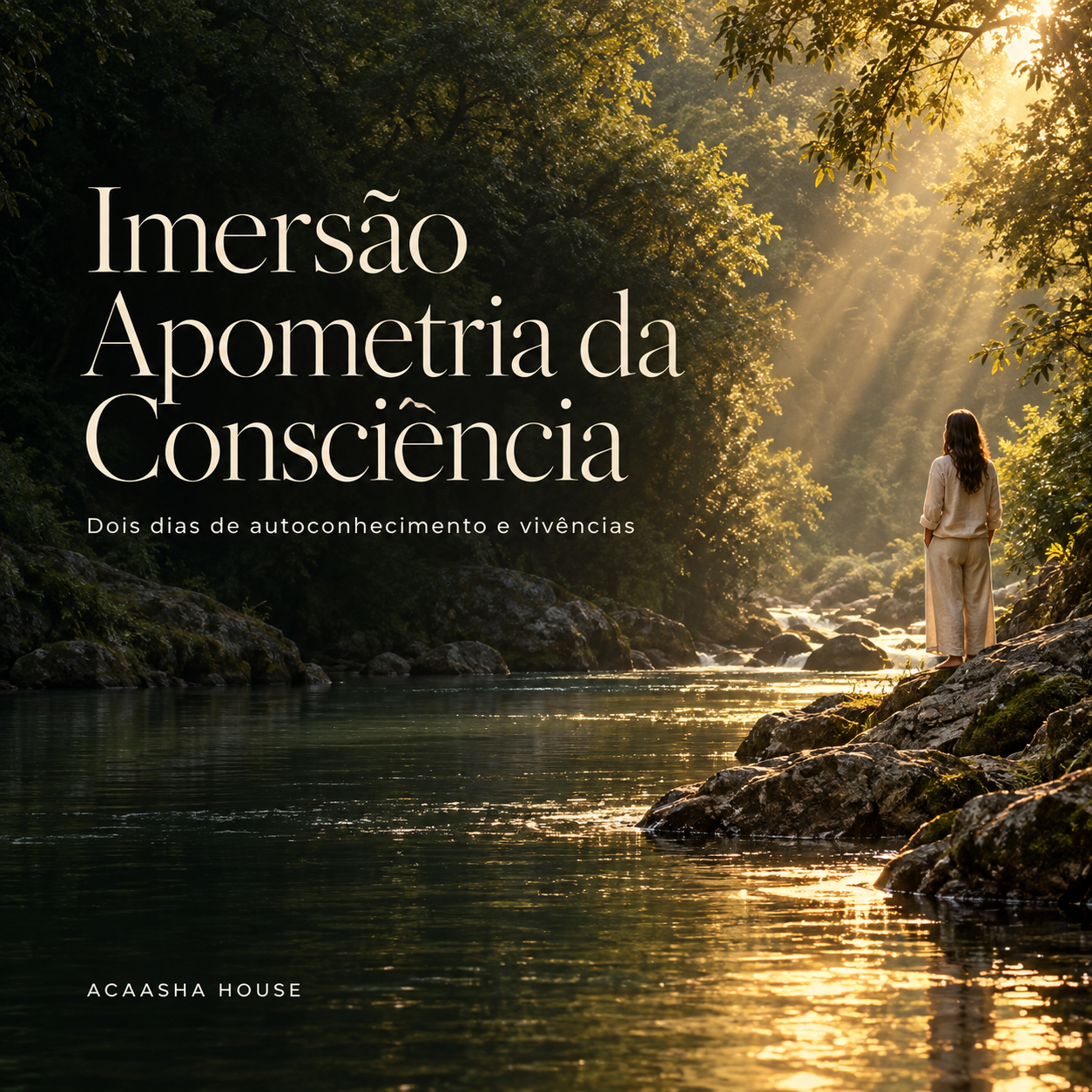 Imersão Apometria da Consciência: floresta e rio iluminados por luz dourada