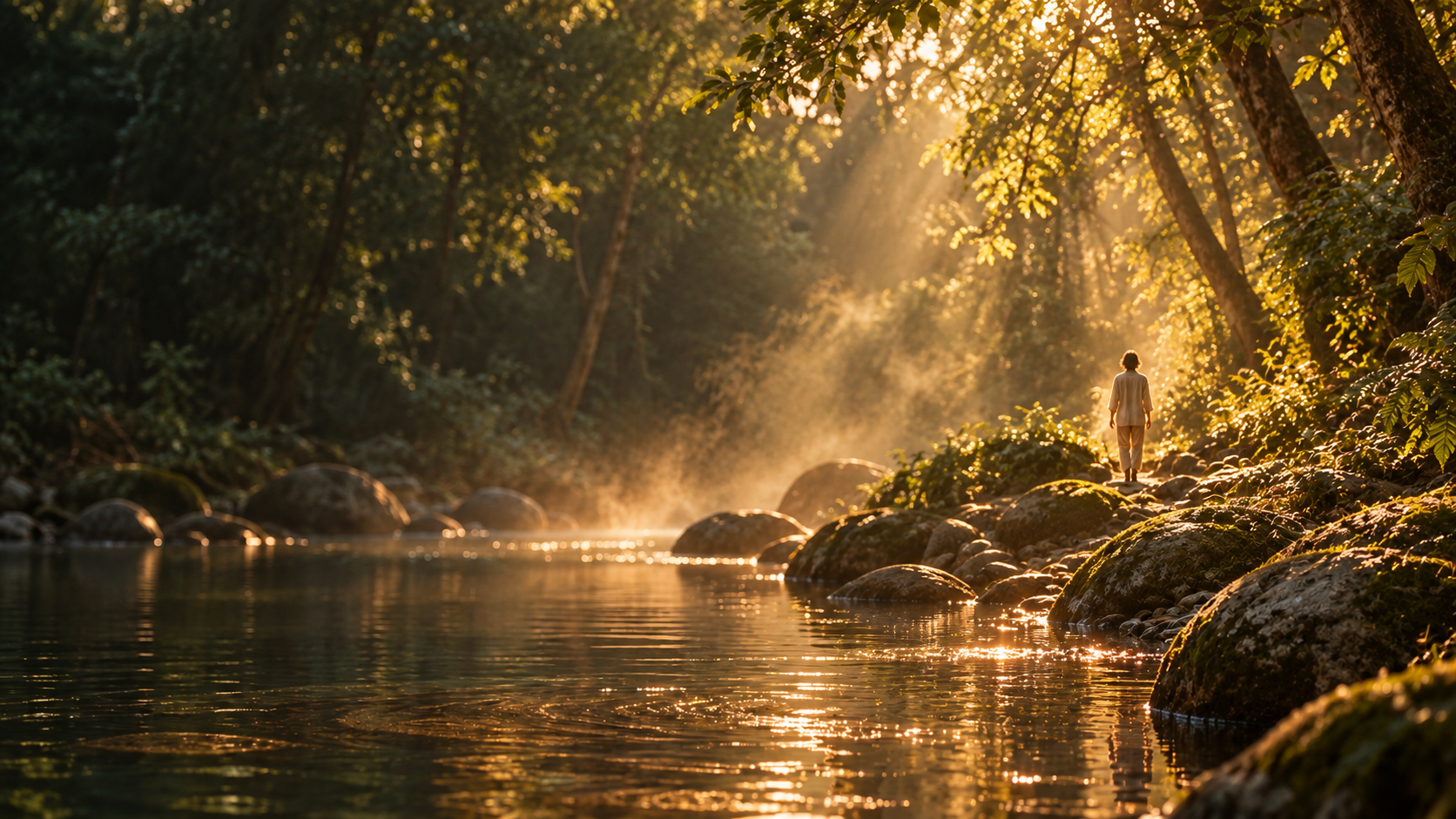 Uma pessoa caminha junto à água em uma floresta iluminada pela luz dourada do sol